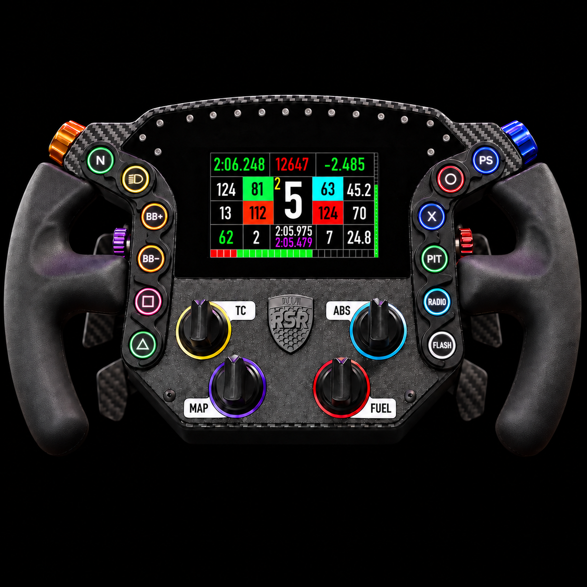 Front view of RSR 4.0 CORE steering wheel with illuminated controls and racing telemetry on the display