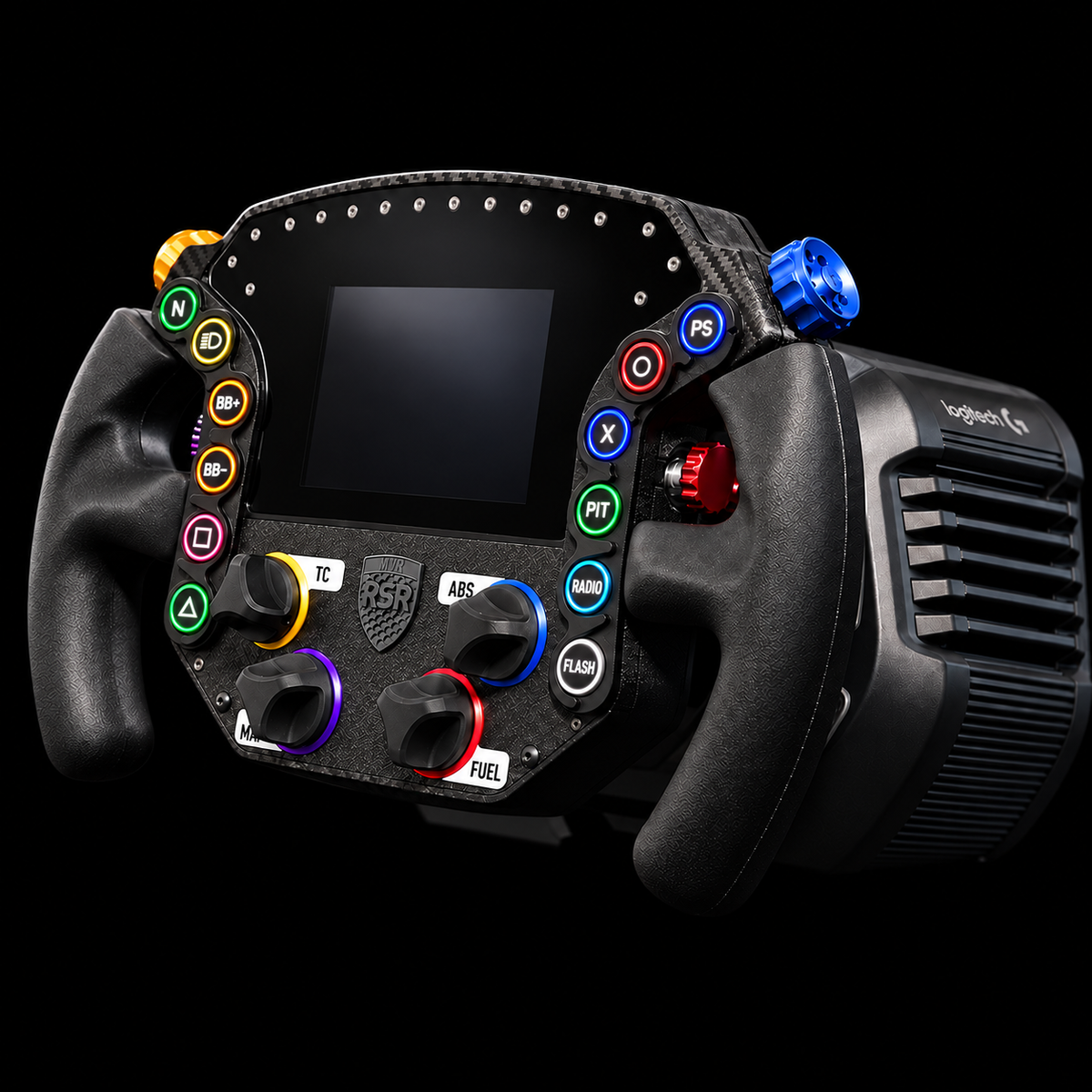 RSR 4.0 CORE steering wheel mounted on Logitech RS50 wheelbase against black background