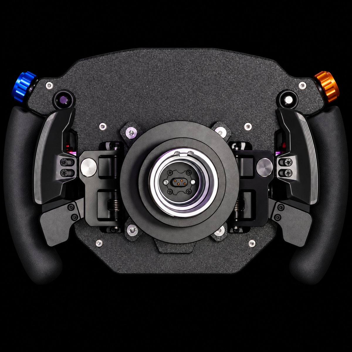 Rear view of RSR 4.0 CORE wheel, RS50 connection and paddles against black background