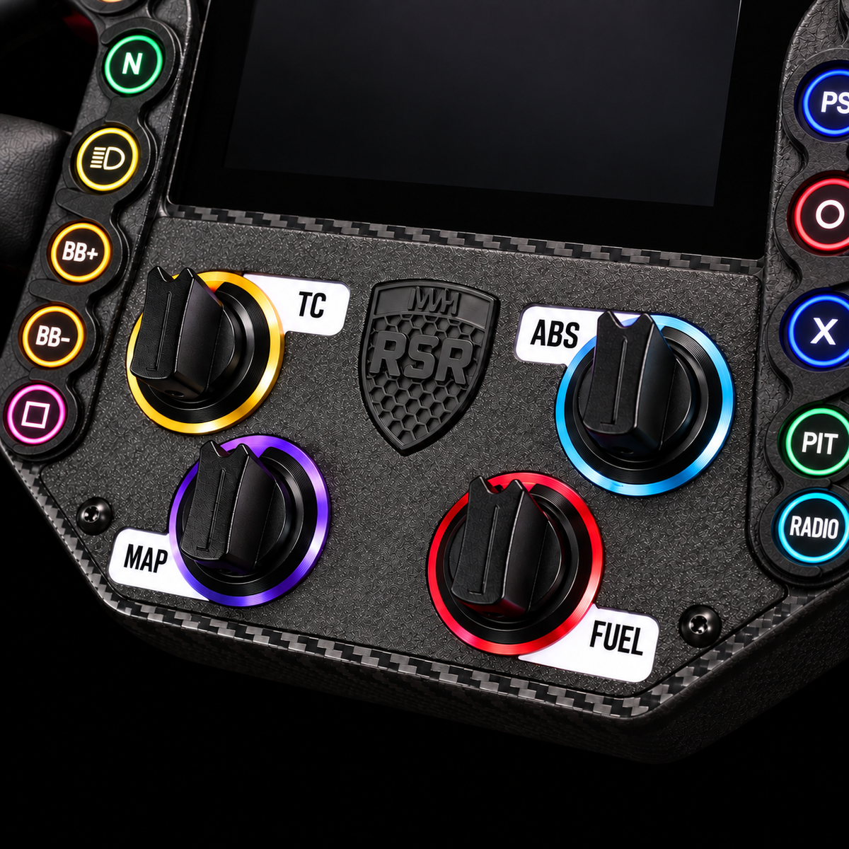 Close view of RSR 4.0 CORE TC ABS MAP and FUEL controls against black background